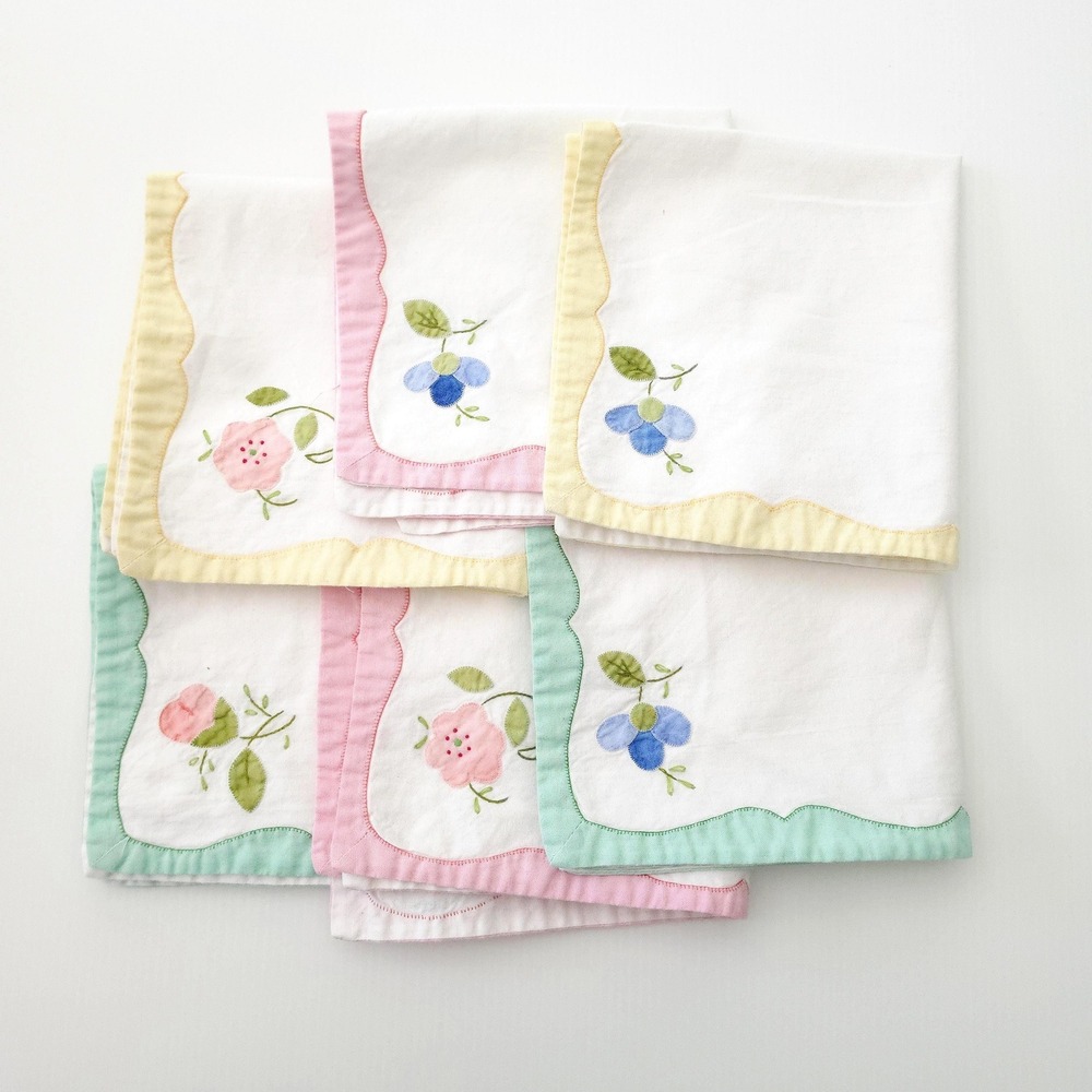 Vintage Floral Applique Cloth Napkins, Set of 6 Pastel Napkins
